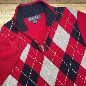 Brooks Brothers Italian Merino Wool Quarter Zip Argyle Sweater Mens Small Red‎
